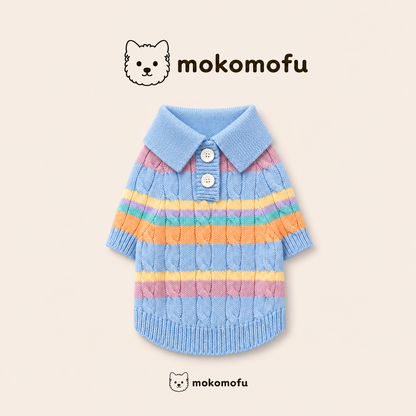 犬服 パステルボーダー ケーブルニットポロ