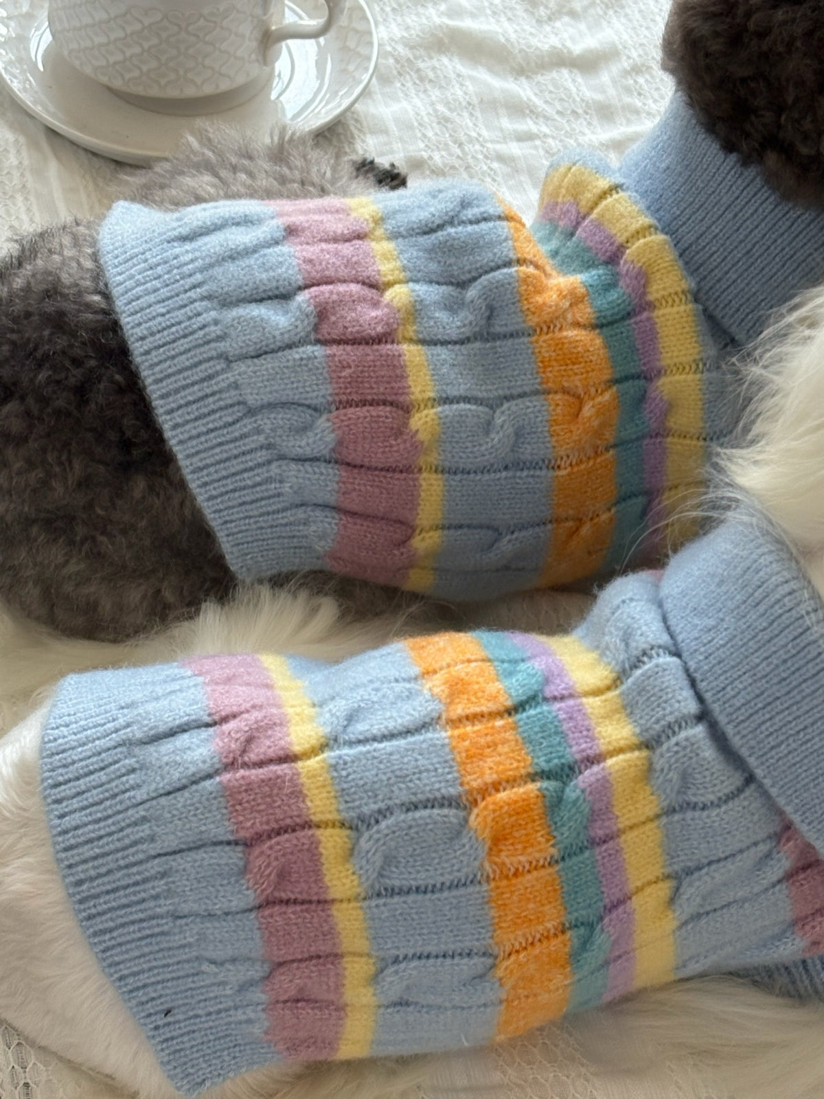 犬服 パステルボーダー ケーブルニットポロ